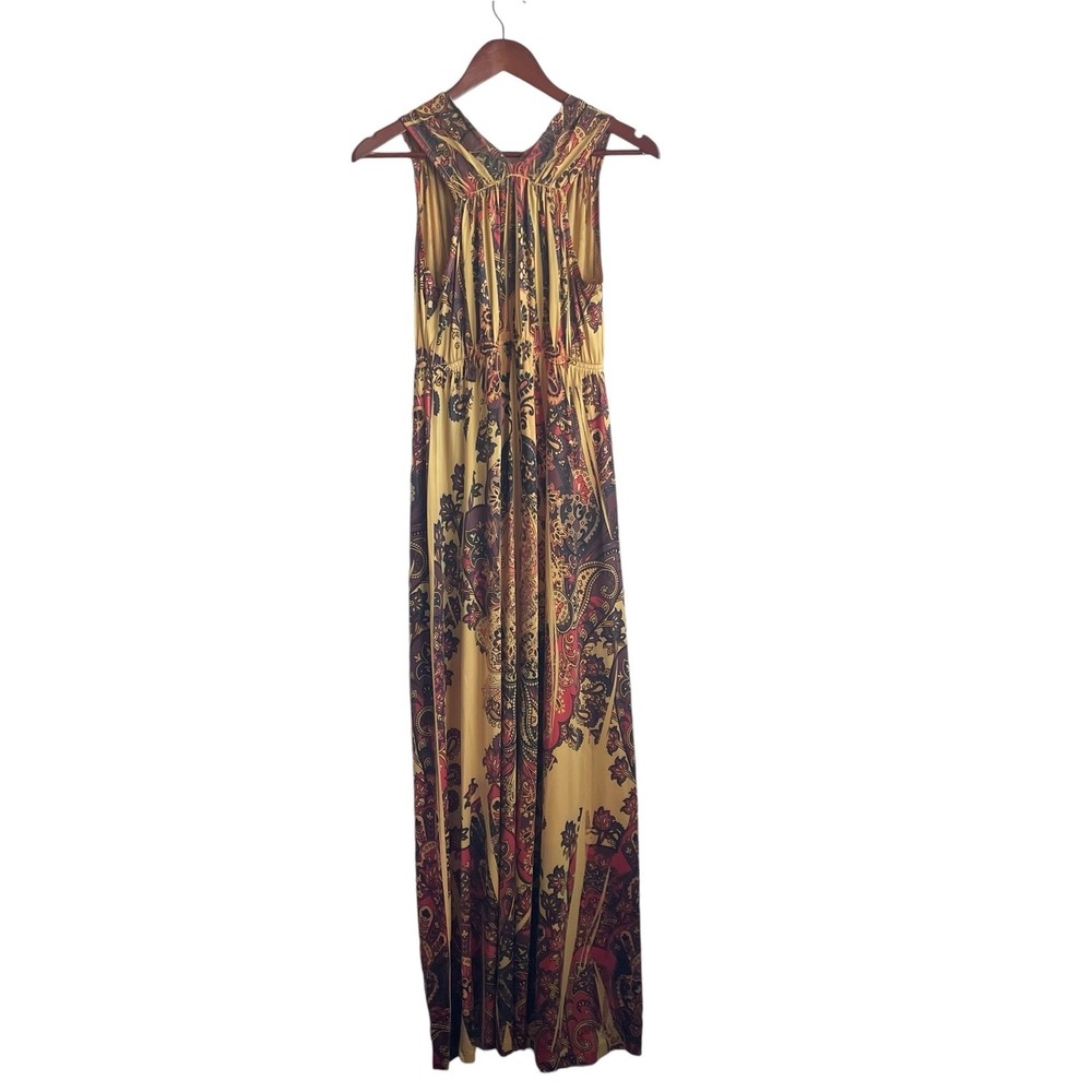 One World Women Maxi Dress S Yellow Batik Print Hippie Retro Boho Jersey Resort